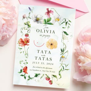 Faire-part pour mastectomie 5 x 7, fleurs sauvages Tata to the Tatas, invitation pour chirurgie mammaire, humour cancer, Invitation modifiable personnalisée FMM0250