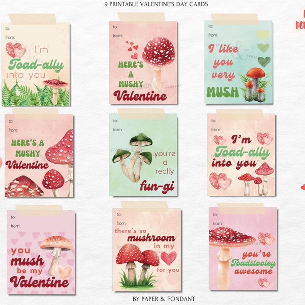 Mushroom Woodland Valentine card, Watercolor Toadstool Funghi card, Funny Valentine, Gender Neutral Printable, Instant Download  VC0250