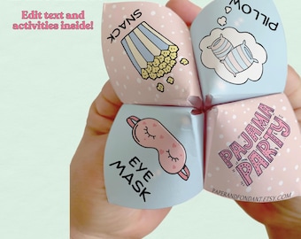 Editable Slumber Party Fortune Teller, Sleep over Cootie Catcher, Customizable template, Add your own Text, Printable BD0250