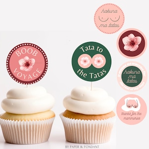 Adornos para cupcakes de 2 pulgadas con temática de mastectomía, tarjeta extra verde y rosa, juego de 12 etiquetas, estilo bohemio femenino, sobreviviente de cáncer, descarga instantánea imprimible FMM0250