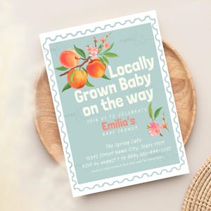 Retro stempel lokaal geteelde baby, Farmers Market babyshower, Peach Blossom Vintage poster, 5 x 7 bewerkbare uitnodiging, digitale sjabloon BBSHR