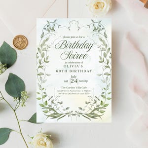 Modèle d'invitation 5 x 7 botanique pour soirée d'anniversaire, invitation anniversaire classique minimaliste tout âge, vignes vertes, modèle imprimable modifiable BDWH