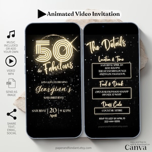 50. Geburtstag Animierte Geburtstags-Videoeinladung mit Musik, 50 und fabelhafte Einladung, elegante Goldschimmer Disco, bearbeitbare digitale Vorlage BD50