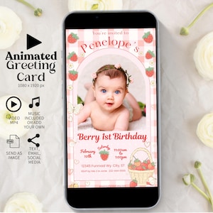 Invitation vidéo animée de célébration du 1er anniversaire de la baie, avec photo de musique, Vichy fraise, Sweet one, modèle numérique modifiable BD1G