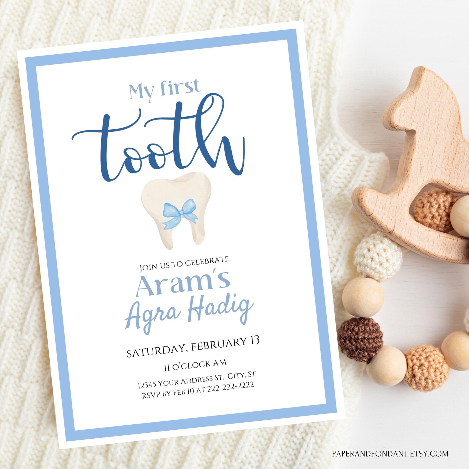 Baby First Tooth Party Invitation, Blue Tooth Celebration Invite, for ...