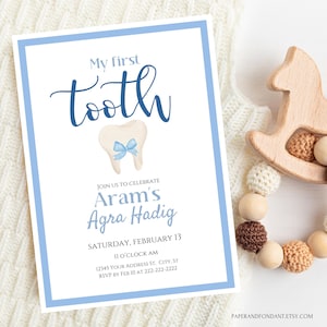 Baby First Tooth Party Invitation,Blue Tooth Celebration Invite, For Boy,Printable Invitation, Editable Digital Template AH0250