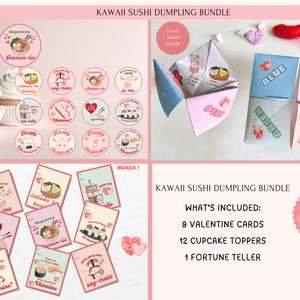 Mochi Dumpling Valentine BUNDLE, Kids Valentine card, Cupcake Topper, Fortune teller set , Printable, Instant Download  VC0250