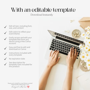 May include: A laptop with hands typing on the keyboard, surrounded by daisies, stationery, and text that reads "With an editable template." The text also lists features like editing text, colors, and accessing templates via Canva.