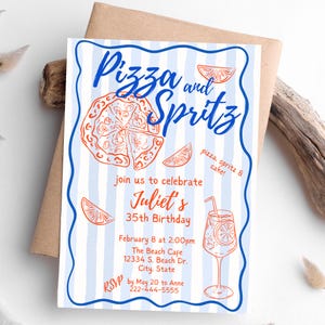Modello di invito per festa di compleanno con pizza e spritz disegnato a mano, 5x7, scarabocchio, arancione blu, strisce, BDWH