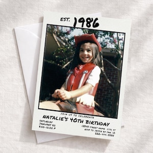May include: A rectangular birthday invitation card featuring a vintage-style photograph of a child in a red cowboy hat and vest. The text reads EST. 1986 at the top and JOIN US TO CELEBRATE NATALIE'S 40TH BIRTHDAY with event details at the bottom.