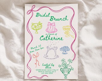 May include: A white invitation card with a pink ribbon border featuring green and pink line art illustrations of a cake, fruit, and champagne glasses. Text reads: Bridal Brunch in honor of Catherine, March 22 from 11am-1pm, hosted by Alice.