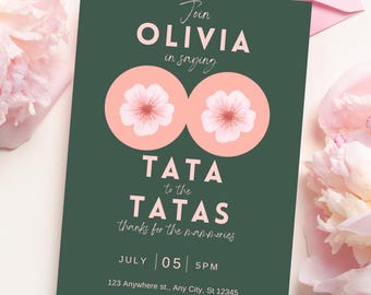 Mastectomy 5x7 Invitation, Boho Tata to the Tatas Green Breast surgery invite, Cancer humor, Custom Editable Invitation FMM0250