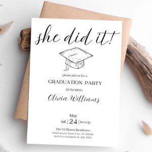 She Did It afstuderen aankondiging 5 x 7 uitnodiging, moderne typografie, minimalistische start uitnodiging, bewerkbare digitale sjabloon GRD