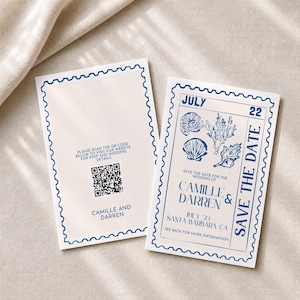 Coastal Shell Save the Date postcard | 4x6 A6 QR code | Hand drawn Seashell postage stamp | Editable Template BCH25 STDW