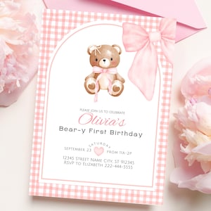 Primeiro aniversário do urso rosa, convite para festa 5x7, urso de laço coquete, menina delicada, convite minimalista, aquarela, modelo editável BD1G BBR