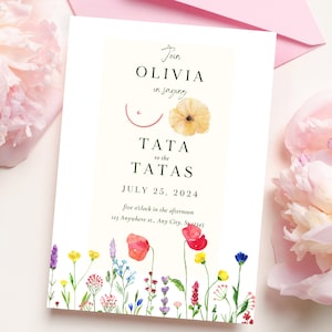 Faire-part pour mastectomie 5 x 7, fleurs sauvages minimalistes Tata to the Tatas, invitation pour chirurgie mammaire, humour cancer, invitation modifiable personnalisée FMM0250