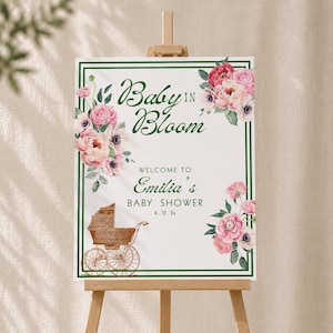 Letrero de bienvenida para baby shower en flor / Póster botánico elegante con cochecito vintage / Brunch en el jardín floral / Plantilla de Canva BBBSHR