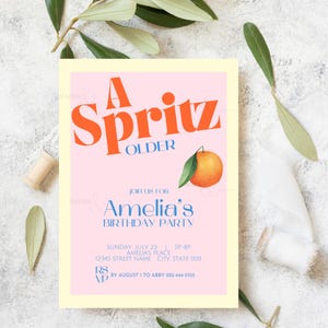 Ein Spritz älterer, Retro-Geburtstagsfeier-Einladung, italienisches Thema Geburtstag, Orang Gelb Spritz Plakat, 5x7 bearbeitbare Vorlage