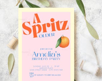 Een oudere Spritz, retro uitnodiging voor verjaardagsfeestje, Italiaans thema verjaardag, oranjegele spritz poster, 5 x 7 bewerkbare sjabloon