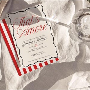 That's Amore Bridal Shower Invitation, Hand drawn Squiggle border, Elegant minimalist invite, Red Black, 5x7 Editable Party Template BCH25