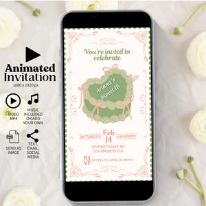 Invito animato per festa di compleanno con torta vintage con musica, dolce 16, qualsiasi età, fiocchi rosa retrò, stile vittoriano, verde rosa, modello modificabile S16