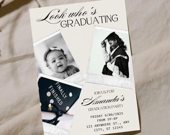 Invitación a fiesta de graduación con foto de bebé, ceremonia de graduación, instituto, universidad. Plantilla digital editable GRD.