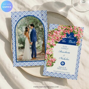 Tarjeta postal floral para anunciar la fecha de una boda griega / Tarjeta fotográfica con diseño de buganvilla y ojo turco / Isla griega de Santorini / Plantilla editable de 4x6 A6