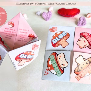 Kawaii Mushroom Valentine Kids Fortune Teller, BONUS Valentine coloring card, Non candy Creative activity,Printable,Instant Download VF0250