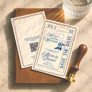 Cowboy Save the Date Postkarte | 4x6 A6 QR-Code | Vintage Stiefel Lasso Illustration | Blau Braun | Bearbeitbare Vorlage BCH25 STDW