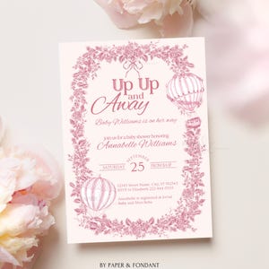 Convite para chá de bebê rosa empoeirado, Up Up and Away Elegant Toile, Chinoiserie de balão de ar quente, modelo editável 5x7, laço floral vintage, BBSHR