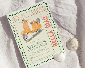 May include: A green and white invitation with a vintage scooter illustration. The text reads "Bridal Shower Bella Ciao Join Us For Amelia's Bridal Shower Sunday July 23 11a 2p The Spring Cafe 12345 Street Name City, State 1011 RSVP by August 1 to Abby 225-444-5555 Bride is registered at a jovial bride and Target"