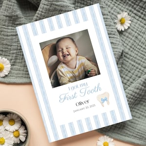 Faire-part bébé première dent, carte d'étape importante dent de bébé, rayure bleue, carte de dent mignonne pour la famille, modèle imprimable modifiable AH0250