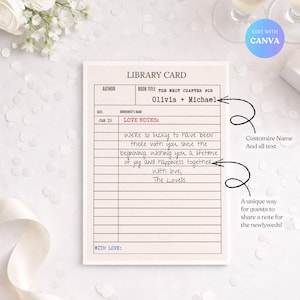 May include: A rectangular library card template featuring the text LIBRARY CARD at the top, with columns for AUTHOR and BOOK TITLE. The card includes the text THE NEXT CHAPTER FOR OLIVIA + MICHAEL, JAN 10, LOVE NOTES, and WITH LOVE, alongside blank lines for guest messages.