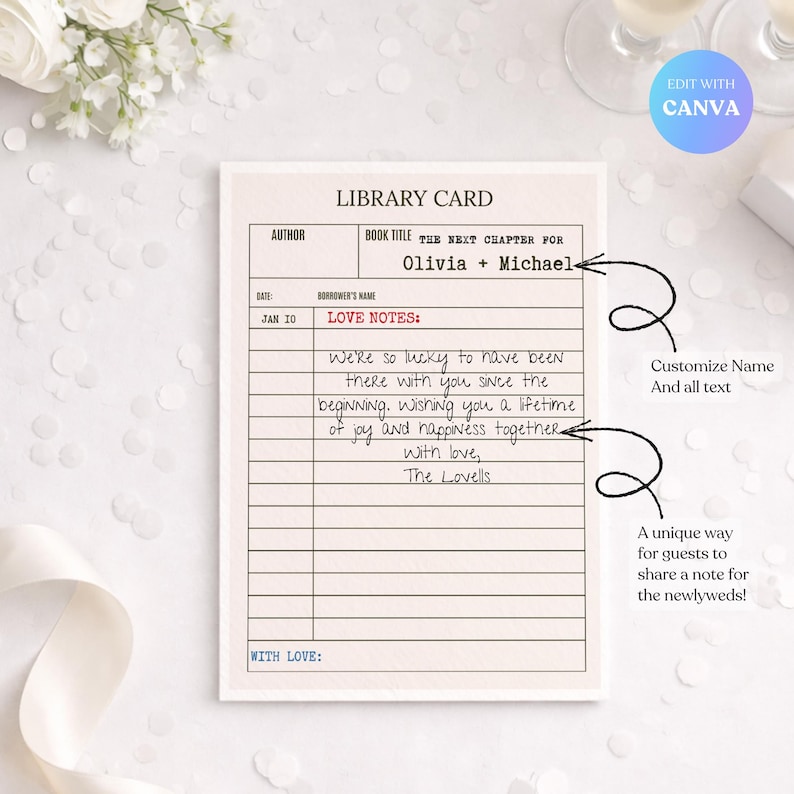 May include: A rectangular library card template featuring the text LIBRARY CARD at the top, with columns for AUTHOR and BOOK TITLE. The card includes the text THE NEXT CHAPTER FOR OLIVIA + MICHAEL, JAN 10, LOVE NOTES, and WITH LOVE, alongside blank lines for guest messages.