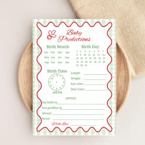 May include: A baby shower game card with a green and white gingham pattern and a red wavy border. The card includes sections for birth month, day, time, and predictions about the baby's length, weight, eye color, and hair color.