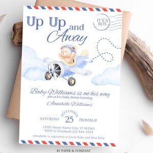 Baby shower de oso de aviación "Up Up and Away", invitación de 5x7, postal de avión vintage, baby shower de osito azul, plantilla editable BBSHR
