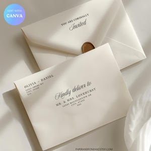 May include: Two cream-coloured envelopes with stylish calligraphy. One says "You are cordially Invited" and the other "Kindly deliver to" with address details. A gold wax seal is visible. The Canva logo is in the upper left.