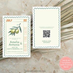 May include: Wedding invitation template featuring a watercolor olive branch design. The front of the card reads "Save the Date" with the names "Amelia & Antonio" and the date "July 22". The back includes a QR code and website information.