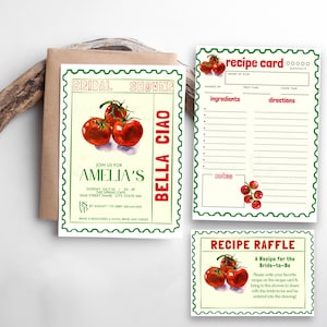 Bella Ciao, tomate italienne, invitation nuptiale de 5 x 7, carte de recette, tombola, aquarelle de tomate, timbre-poste, modèle modifiable BCH25