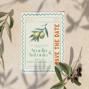 Retro postzegel: bewaar deze datum, vintage Italiaanse stijl, mediterrane botanische stempel, verjaardagsuitnodiging, 5 x 7 bewerkbare sjabloon BCH25