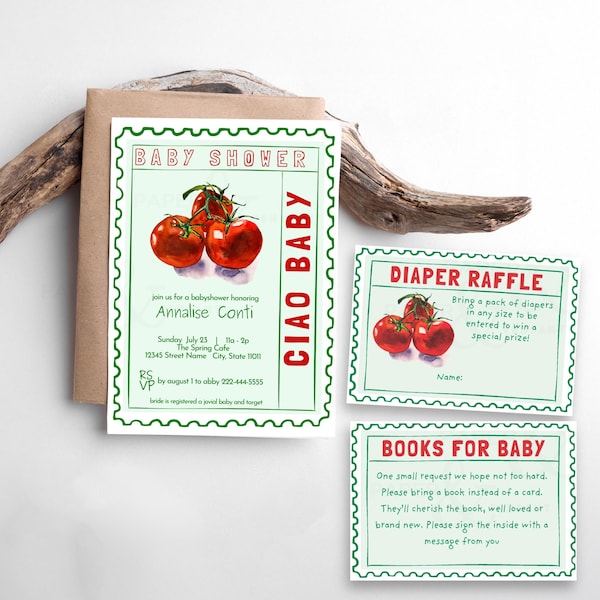 Ciao babyshowerset | Aquareltomaat | Retro postzegel | Luierloterijboeken voor baby | Bewerkbare digitale sjabloon BBSHR TMTO