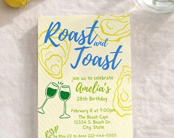 Summer Oyster Roast and Toast, 5x7 Invitation Template, Hand Drawn Illustration, Yellow Green, Oyster Champagne flutes OR25
