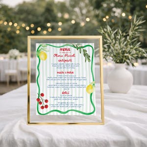 Modelo para Chá de Bebê com Tema da Costa Italiana | Listras em aquarela de tomate e limão | Borda ondulada | 8x10 | Modelo editável BBSHR BCH25