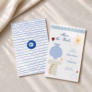 Whimsical Greek Save the Date Postcard | Destination wedding | Hand Drawn Watercolor | Greek Island Santorini | 4x6 A6 Editable template