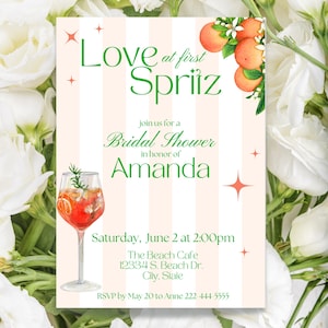 Modèle d'Invitation à la fête de la douche nuptiale Love at First Spritz, brunch pétillant, Summer Bach Party, modèle imprimable modifiable BCH25