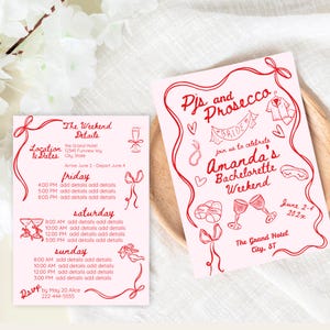Plantilla de invitación para despedida de soltera en pijama y prosecco, itinerario de despedida de soltero, caprichosa despedida de soltero dibujada a mano, plantilla editable e imprimible BCH25