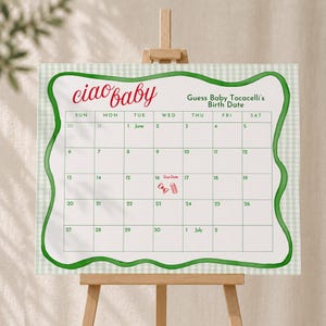 May include: A rectangular sign featuring a light green gingham background and a wavy green border. The text reads ciao baby and Guess Baby Tocacelli's Birth Date. A calendar grid for June and July is displayed with a red due date on the 16th.