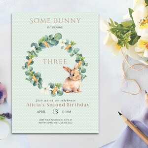 Bunny Greenery Editable Invitation 5x7 Template, Rabbit, green background, Gender Neutral Party, Editable Printable Digital File SB0250