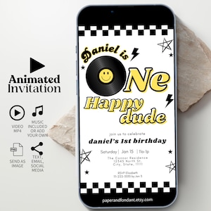 Convite de aniversário de vídeo animado editável One Happy Dude com música, convite legal para o primeiro aniversário de menino, modelo digital editável para celular