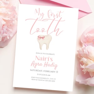 Baby First Tooth Party Invitation,Pink Tooth Celebration Invite, Minimalist For girl,Printable Invitation,Editable Printable template AH0250
